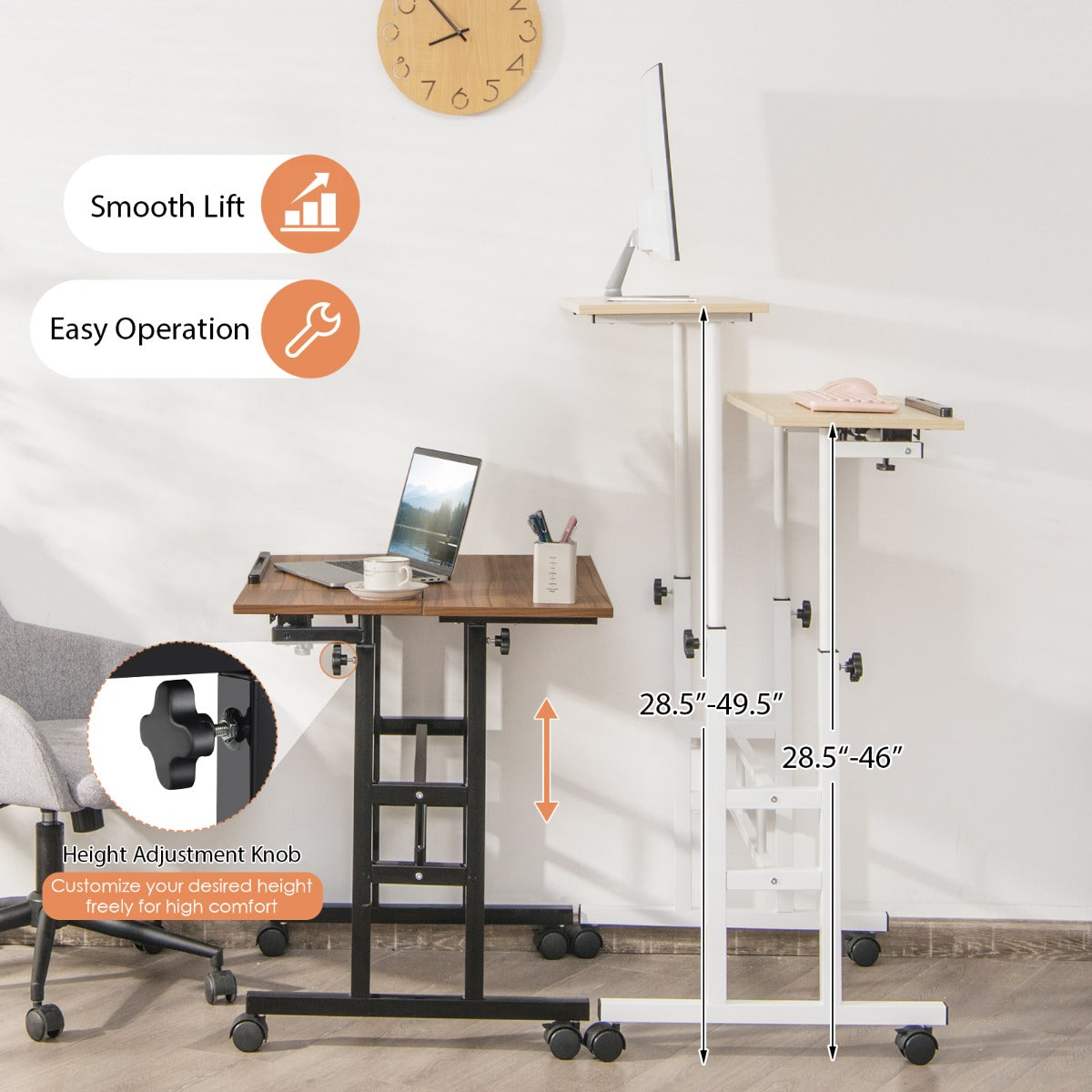 Mobile Stand up Computer Desk with 2 Tilting Desktops for Office Black