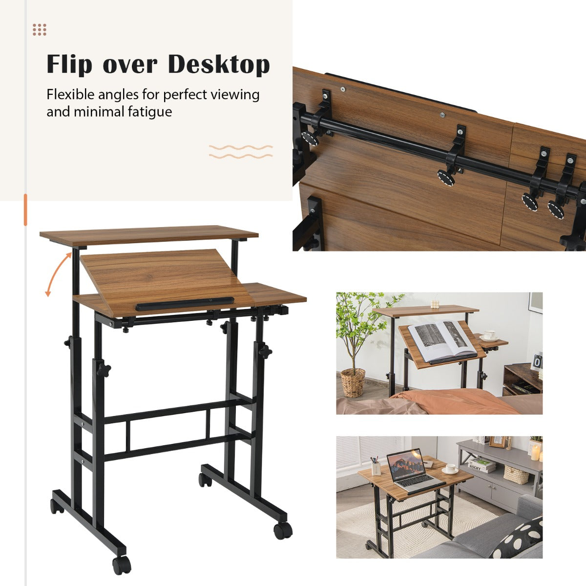Mobile Stand up Computer Desk with 2 Tilting Desktops for Office Black