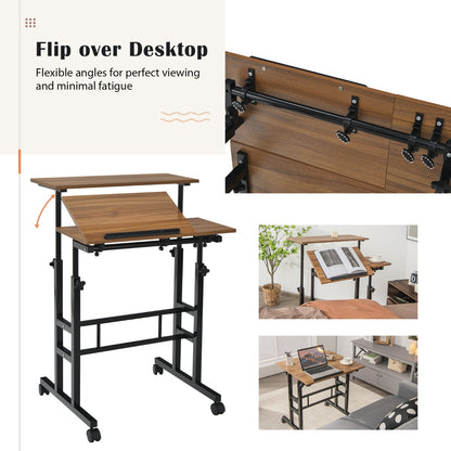 Mobile Stand up Computer Desk with 2 Tilting Desktops for Office Black