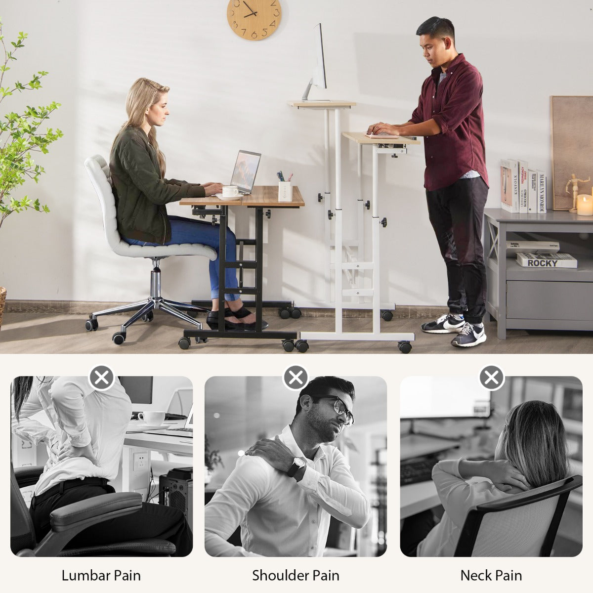 Mobile Stand up Computer Desk with 2 Tilting Desktops for Office Black