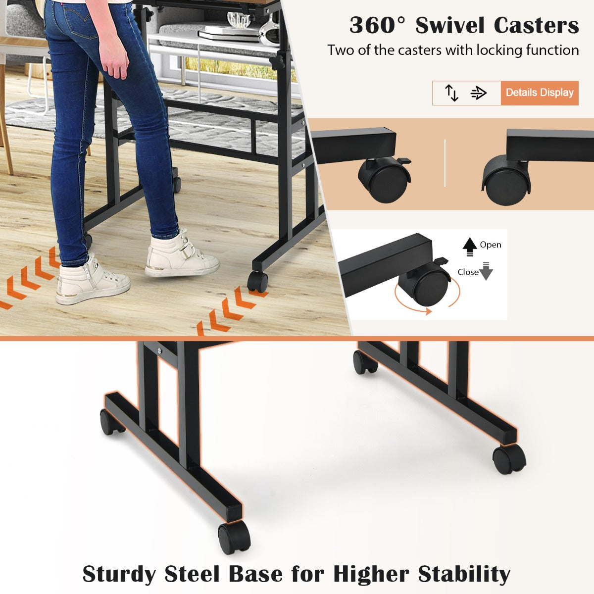 Mobile Stand up Computer Desk with 2 Tilting Desktops for Office Black