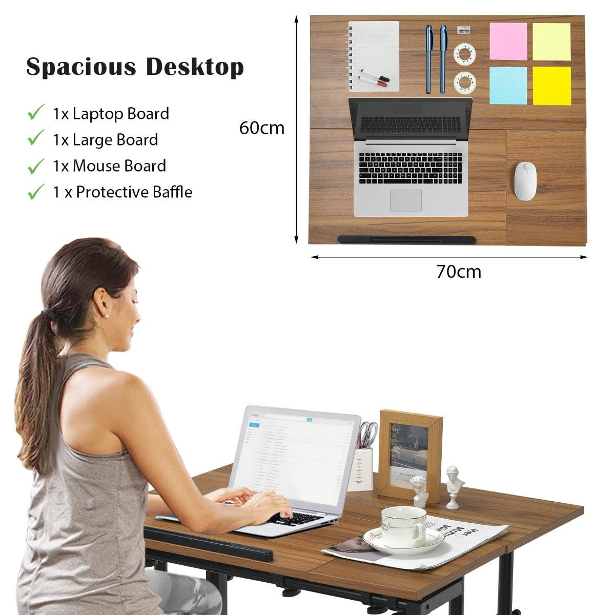 Mobile Stand up Computer Desk with 2 Tilting Desktops for Office Black
