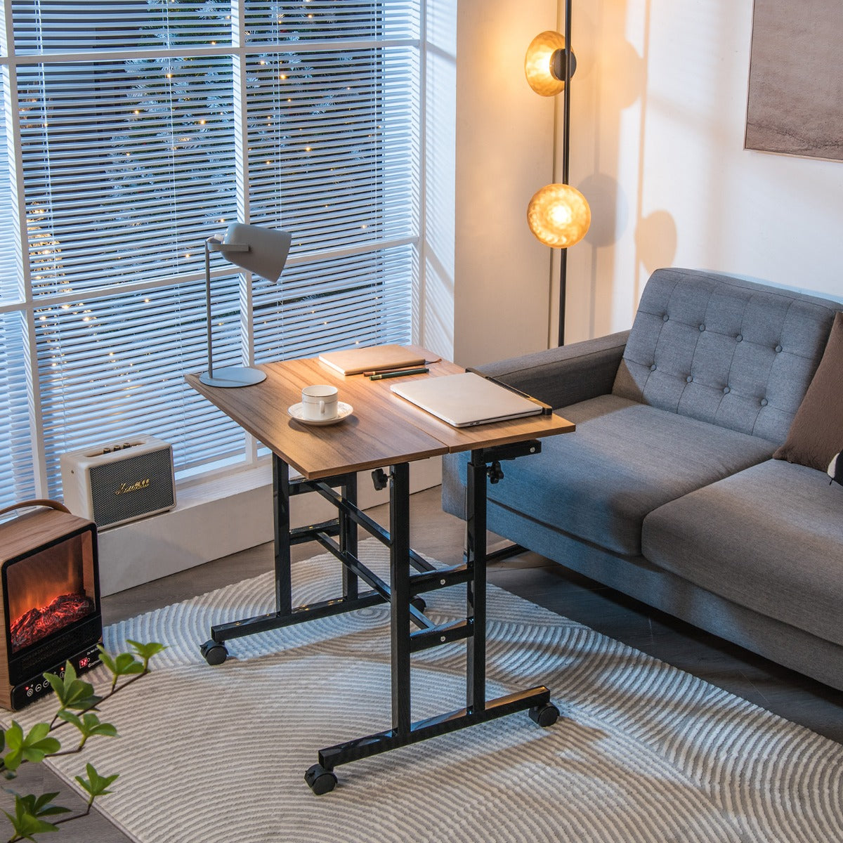Mobile Stand up Computer Desk with 2 Tilting Desktops for Office Black