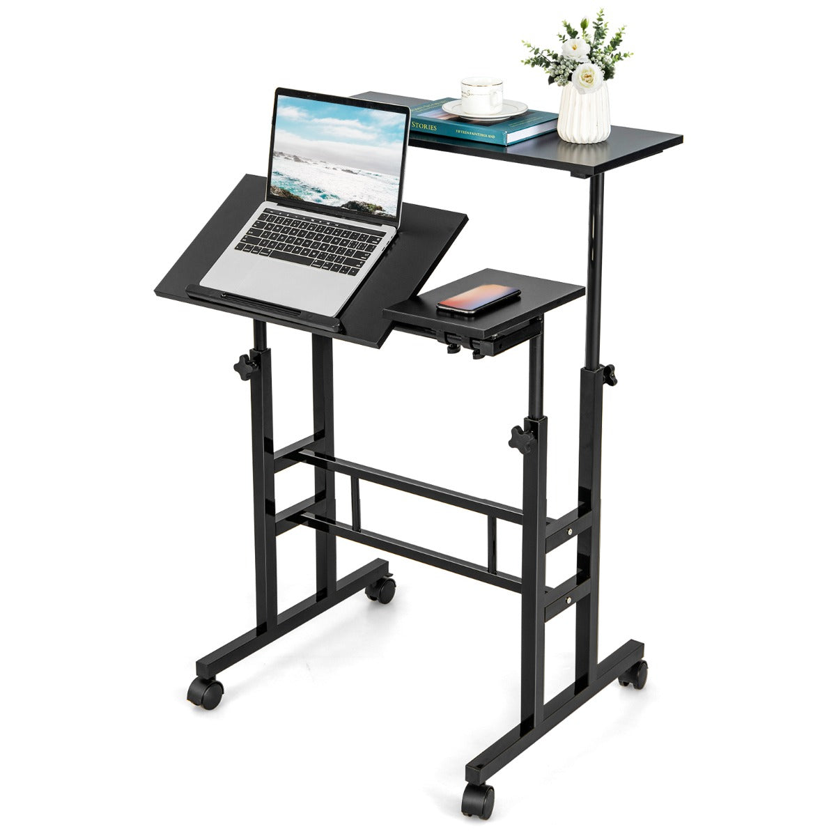 Mobile Stand up Computer Desk with 2 Tilting Desktops for Office Walnut