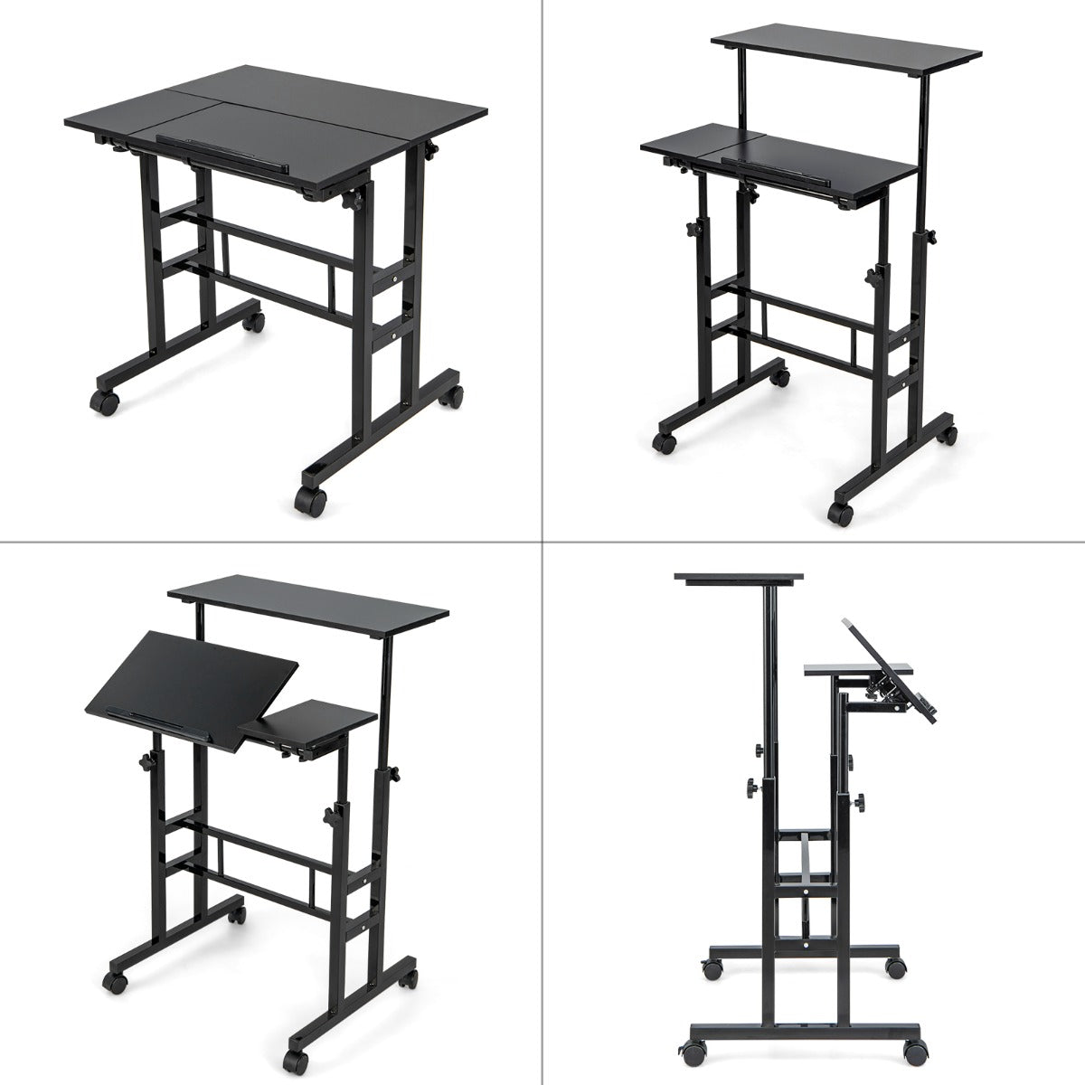 Mobile Stand up Computer Desk with 2 Tilting Desktops for Office Walnut