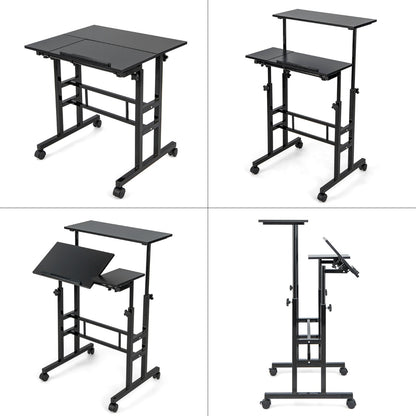 Mobile Stand up Computer Desk with 2 Tilting Desktops for Office Walnut