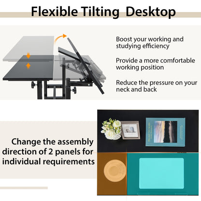 Mobile Stand up Computer Desk with 2 Tilting Desktops for Office Walnut
