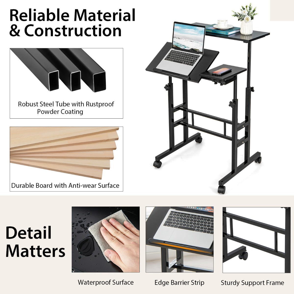 Mobile Stand up Computer Desk with 2 Tilting Desktops for Office Walnut