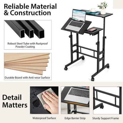 Mobile Stand up Computer Desk with 2 Tilting Desktops for Office Walnut