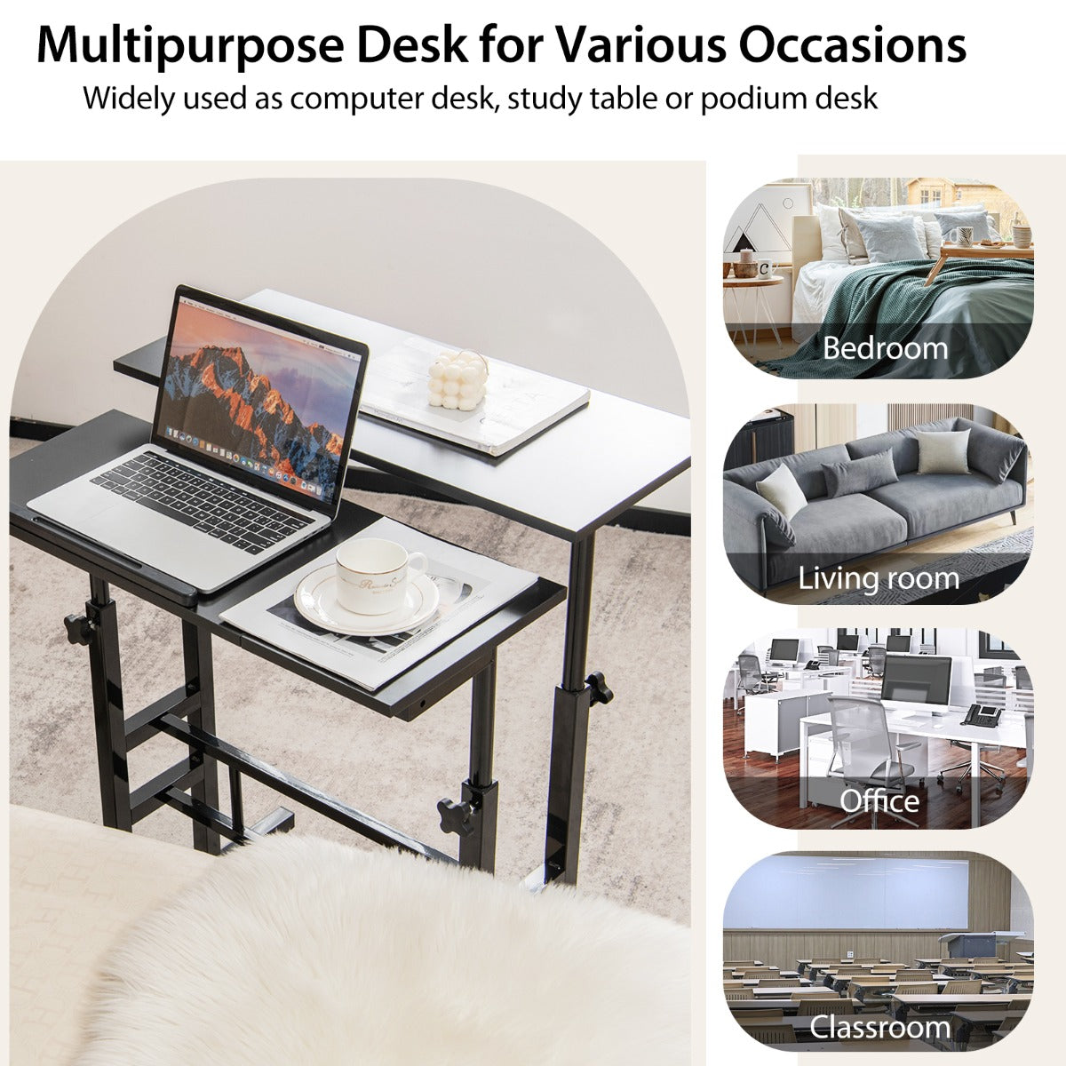 Mobile Stand up Computer Desk with 2 Tilting Desktops for Office Walnut
