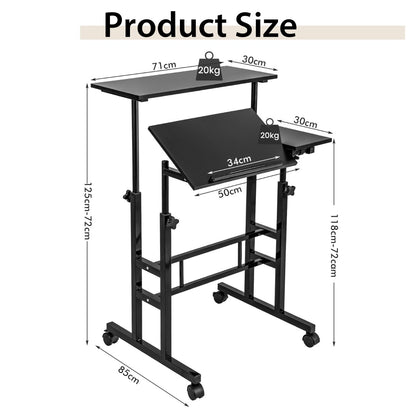 Mobile Stand up Computer Desk with 2 Tilting Desktops for Office Walnut