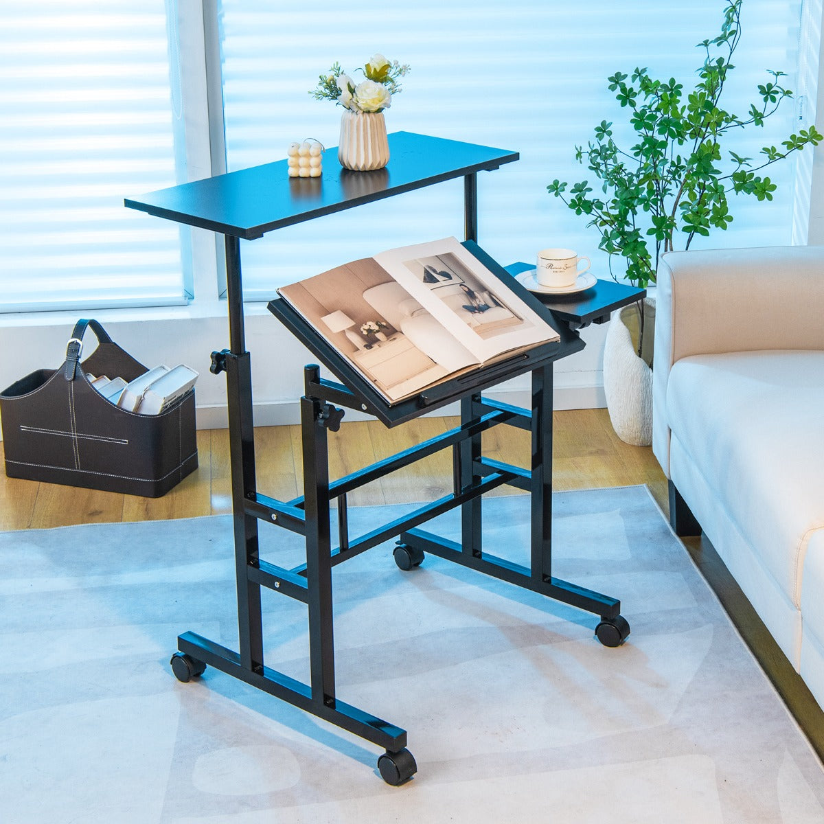 Mobile Stand up Computer Desk with 2 Tilting Desktops for Office Walnut