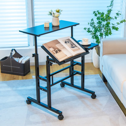 Mobile Stand up Computer Desk with 2 Tilting Desktops for Office Walnut