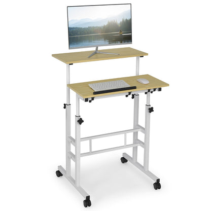 Mobile Stand up Computer Desk with 2 Tilting Desktops for Office-Natural