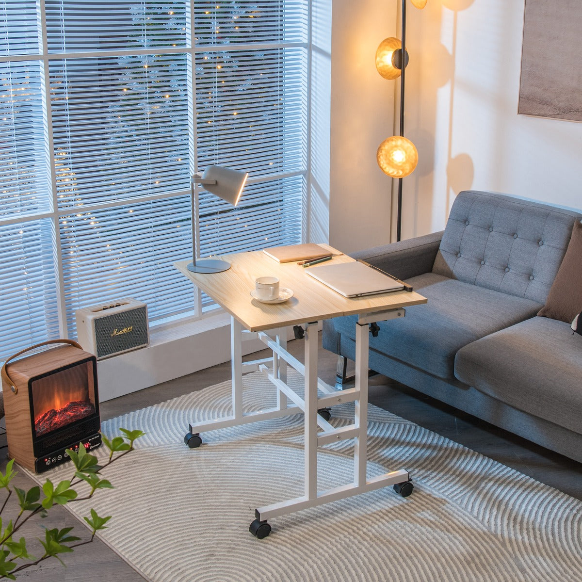 Mobile Stand up Computer Desk with 2 Tilting Desktops for Office-Natural