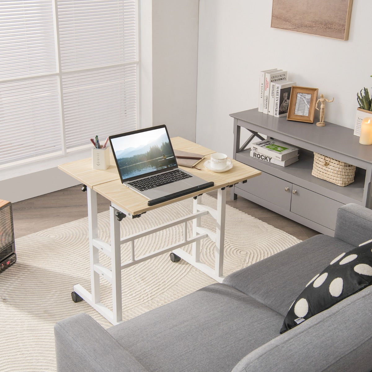 Mobile Stand up Computer Desk with 2 Tilting Desktops for Office-Natural