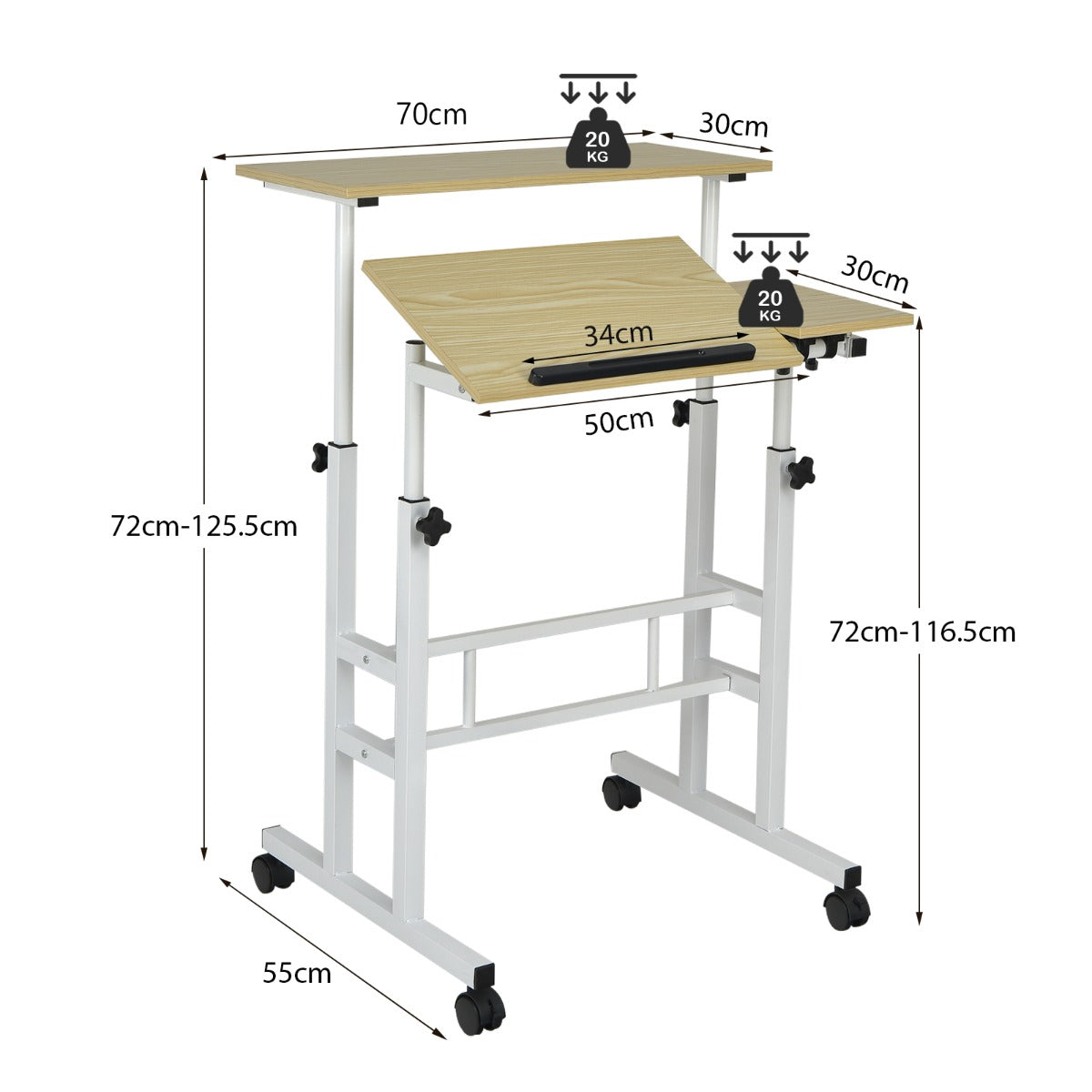 Mobile Stand up Computer Desk with 2 Tilting Desktops for Office-Natural