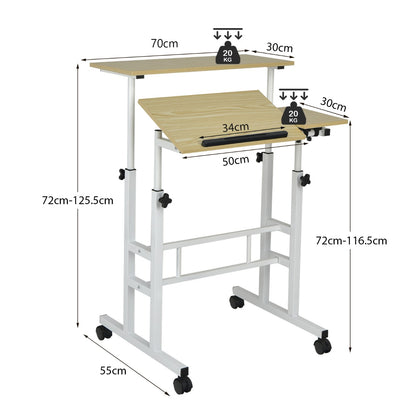 Mobile Stand up Computer Desk with 2 Tilting Desktops for Office-Natural