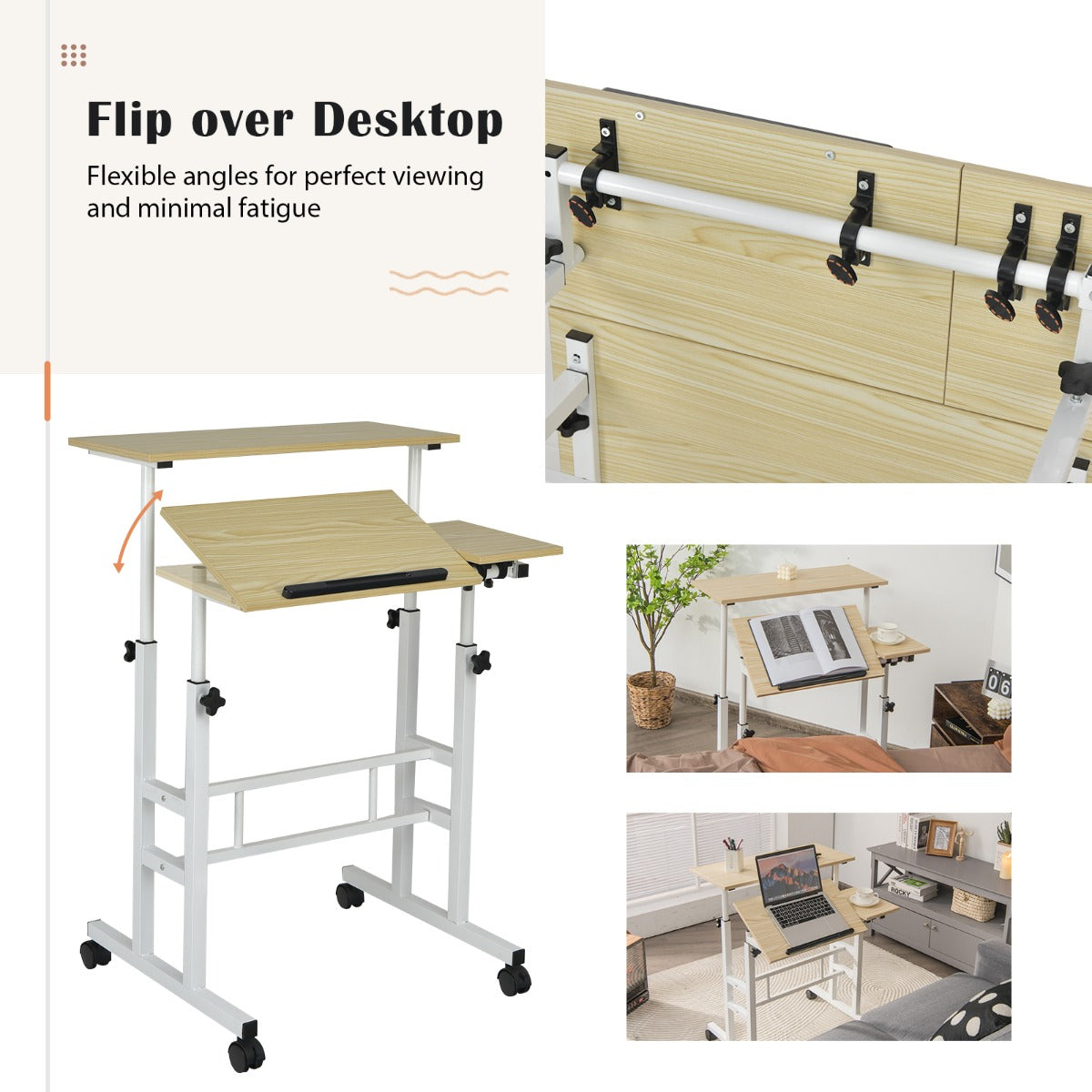 Mobile Stand up Computer Desk with 2 Tilting Desktops for Office-Natural