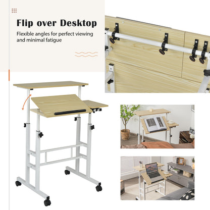 Mobile Stand up Computer Desk with 2 Tilting Desktops for Office-Natural
