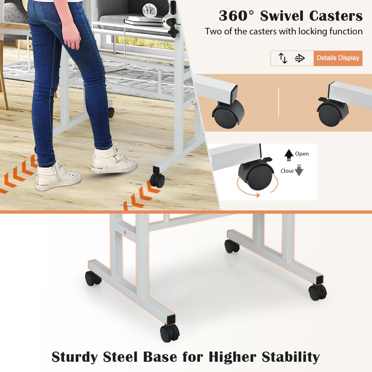Mobile Stand up Computer Desk with 2 Tilting Desktops for Office-Natural