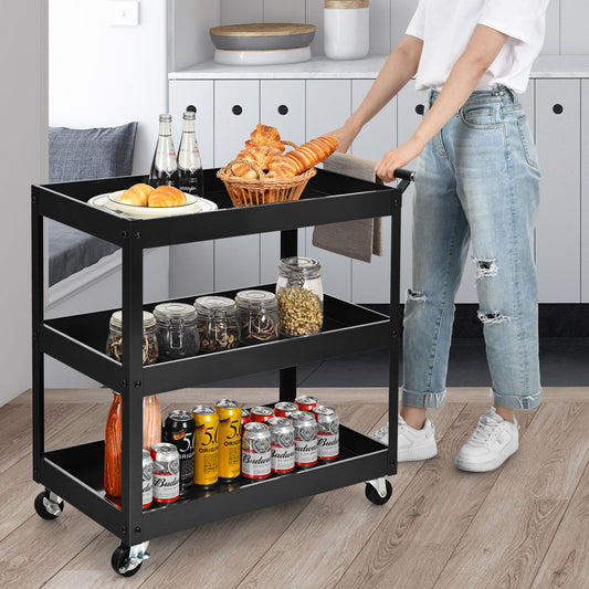 3-Tier Utility Cart with Humanized Handle for Office, Kitchen-Black