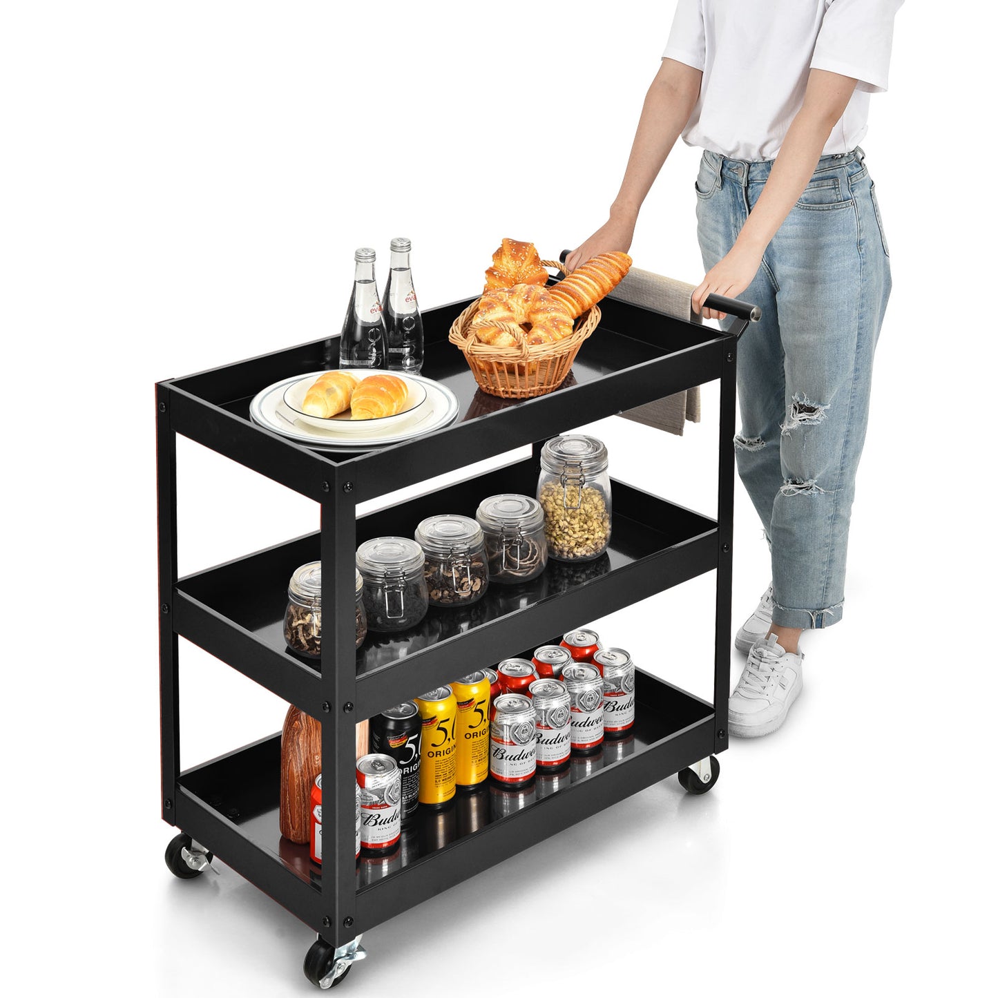 3-Tier Utility Cart with Humanized Handle for Office, Kitchen-Black