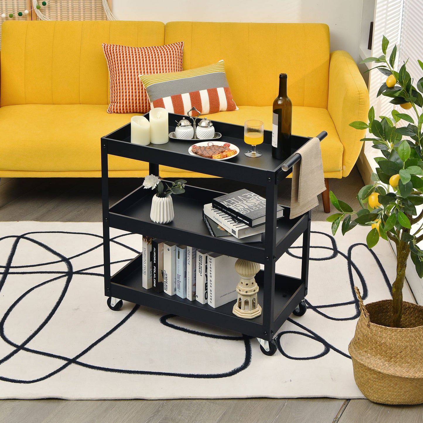 3-Tier Utility Cart with Humanized Handle for Office, Kitchen-Black