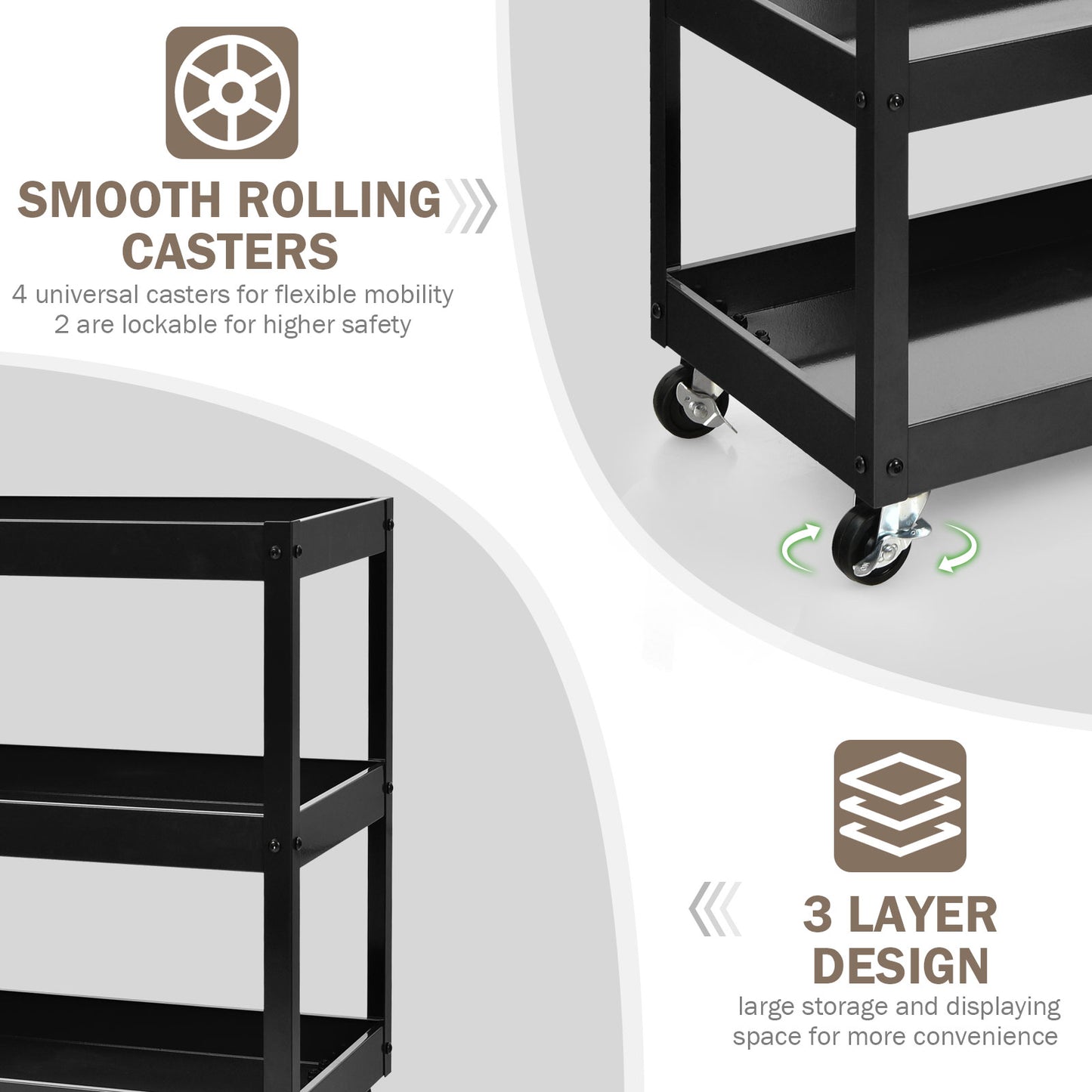 3-Tier Utility Cart with Humanized Handle for Office, Kitchen-Black