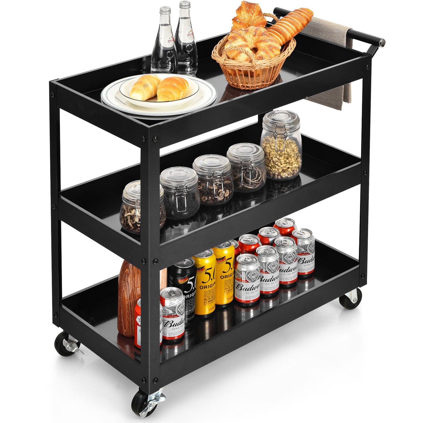 3-Tier Utility Cart with Humanized Handle for Office, Kitchen-Black