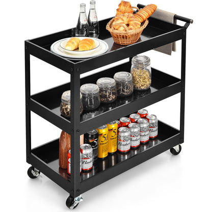 3-Tier Utility Cart with Humanized Handle for Office, Kitchen-Black