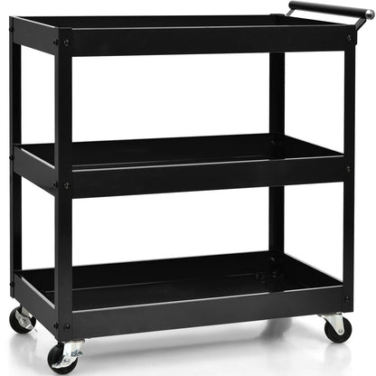 3-Tier Utility Cart with Humanized Handle for Office, Kitchen-Black