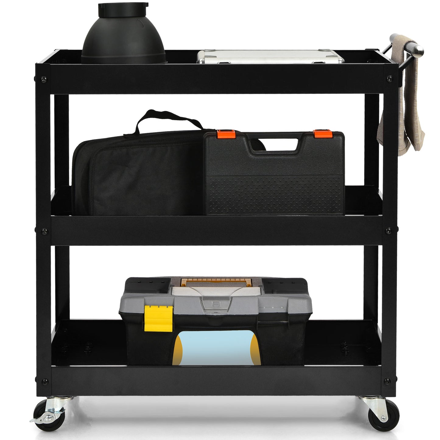 3-Tier Utility Cart with Humanized Handle for Office, Kitchen-Black