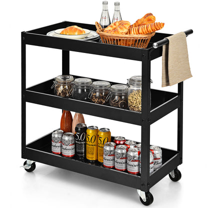 3-Tier Utility Cart with Humanized Handle for Office, Kitchen-Black