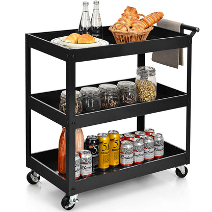 3-Tier Utility Cart with Humanized Handle for Office, Kitchen-Black