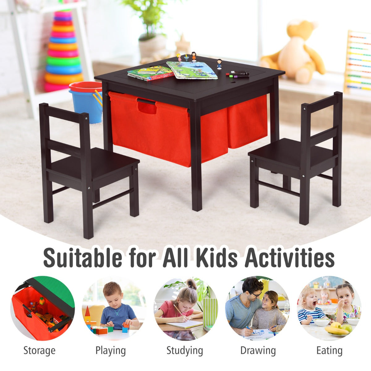Kids Activity Table with 2 Non-woven Fabric Drawers-Espresso