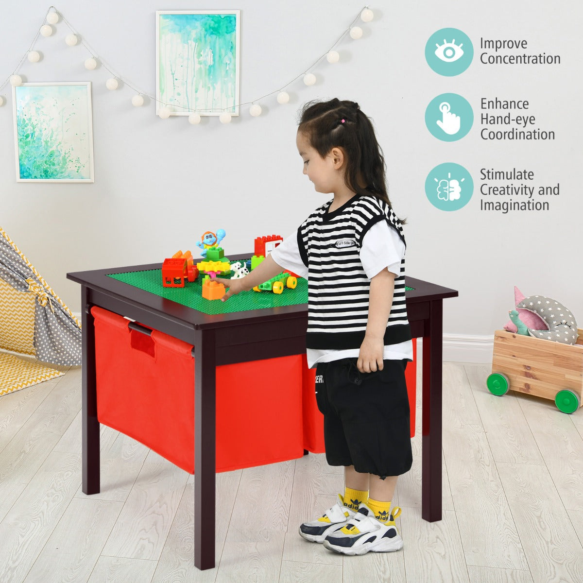 Kids Activity Table with 2 Non-woven Fabric Drawers-Espresso