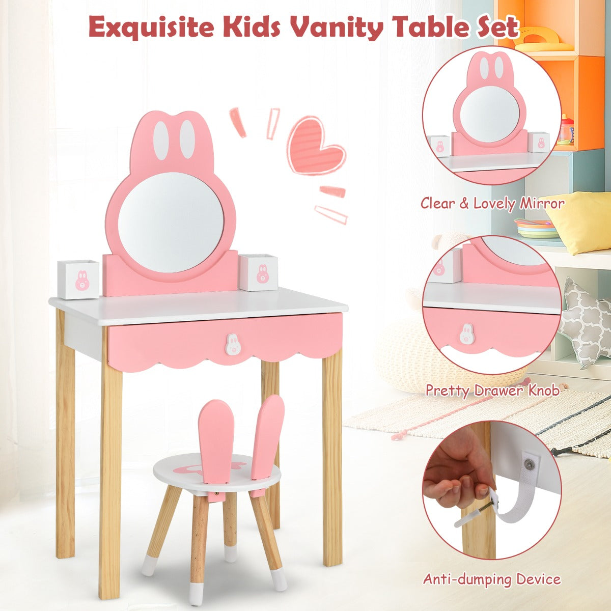 Costway Makeup Vanity Dressing Table Set for Children