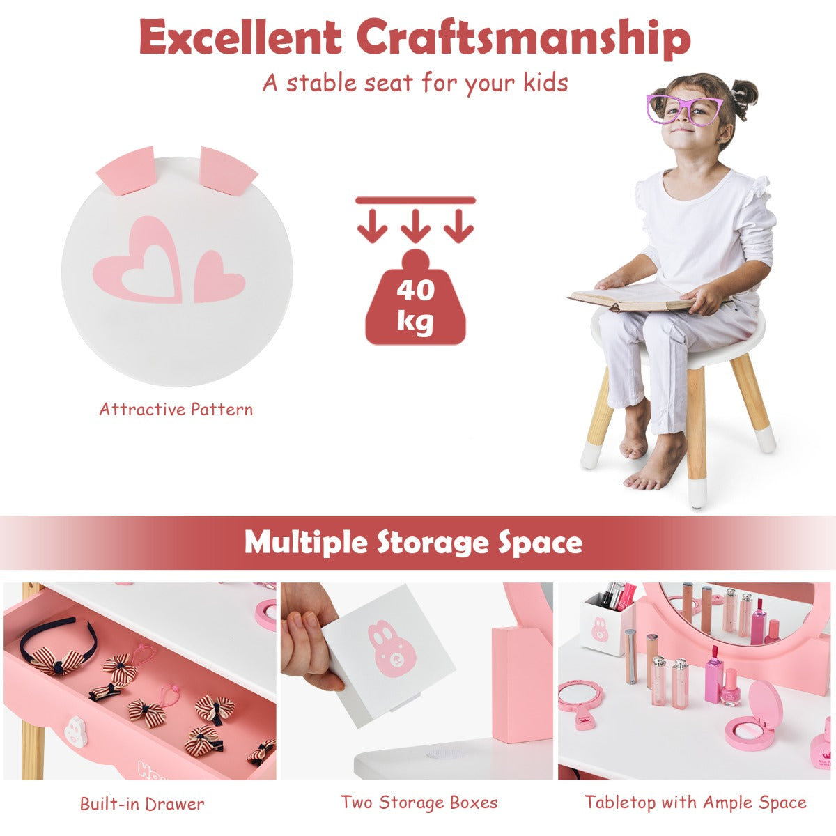 Costway Makeup Vanity Dressing Table Set for Children