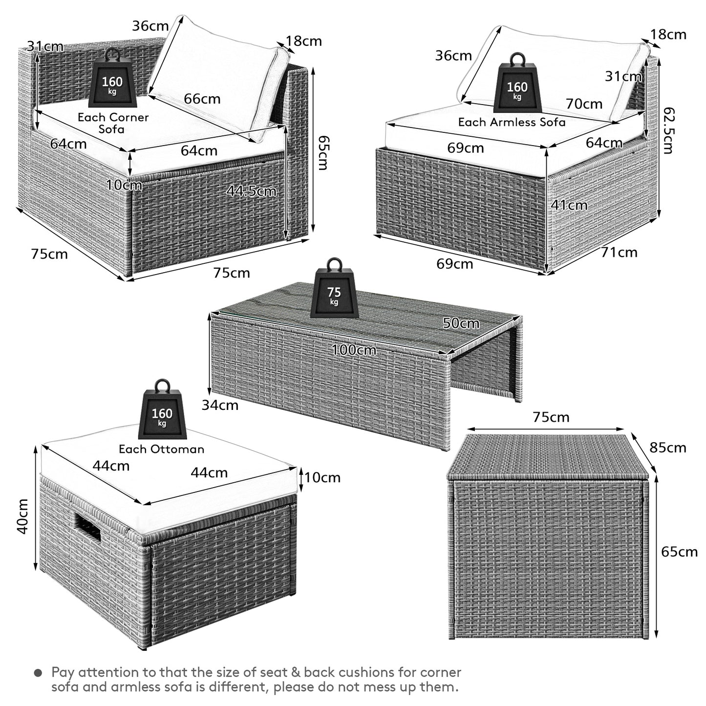 8-Piece Outdoor Grey PE Rattan Conversation Set with Washable Cushion Covers-Green