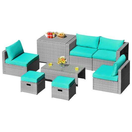8-Piece Outdoor Grey PE Rattan Conversation Set with Washable Cushion Covers-Green