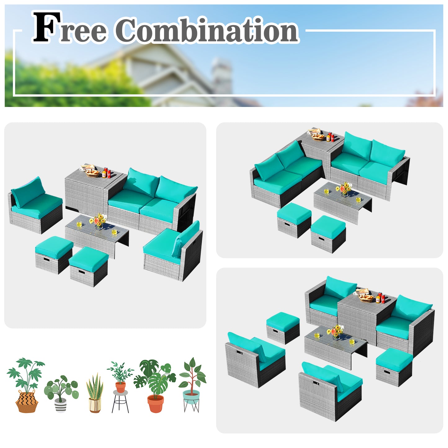 8-Piece Outdoor Grey PE Rattan Conversation Set with Washable Cushion Covers-Green