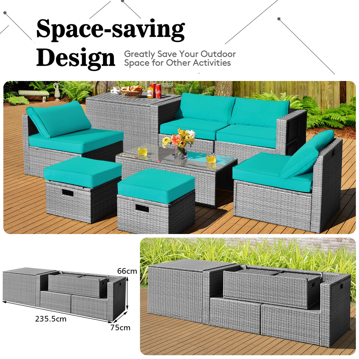 8-Piece Outdoor Grey PE Rattan Conversation Set with Washable Cushion Covers-Green