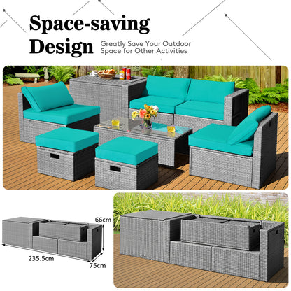 8-Piece Outdoor Grey PE Rattan Conversation Set with Washable Cushion Covers-Green
