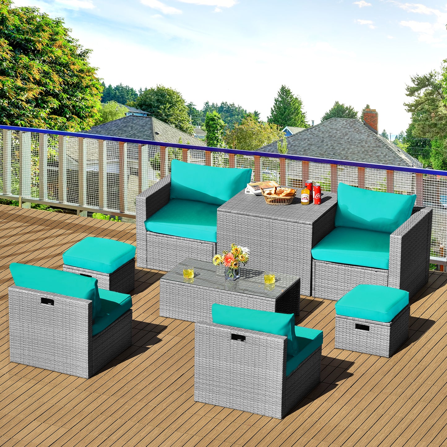 8-Piece Outdoor Grey PE Rattan Conversation Set with Washable Cushion Covers-Green