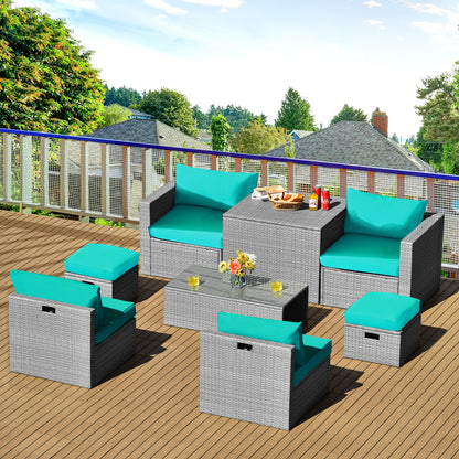 8-Piece Outdoor Grey PE Rattan Conversation Set with Washable Cushion Covers-Green