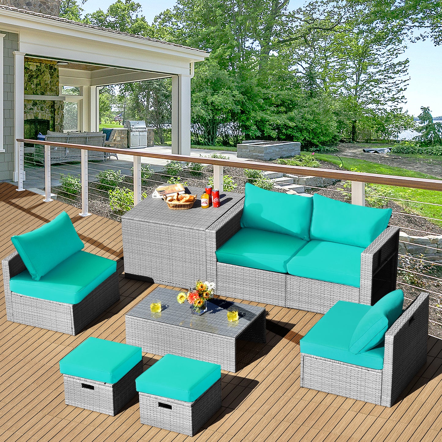 8-Piece Outdoor Grey PE Rattan Conversation Set with Washable Cushion Covers-Green