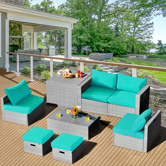 8-Piece Outdoor Grey PE Rattan Conversation Set with Washable Cushion Covers-Green