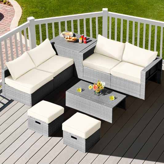 8-Piece Outdoor Grey PE Rattan Conversation Set with Washable Cushion Covers-White