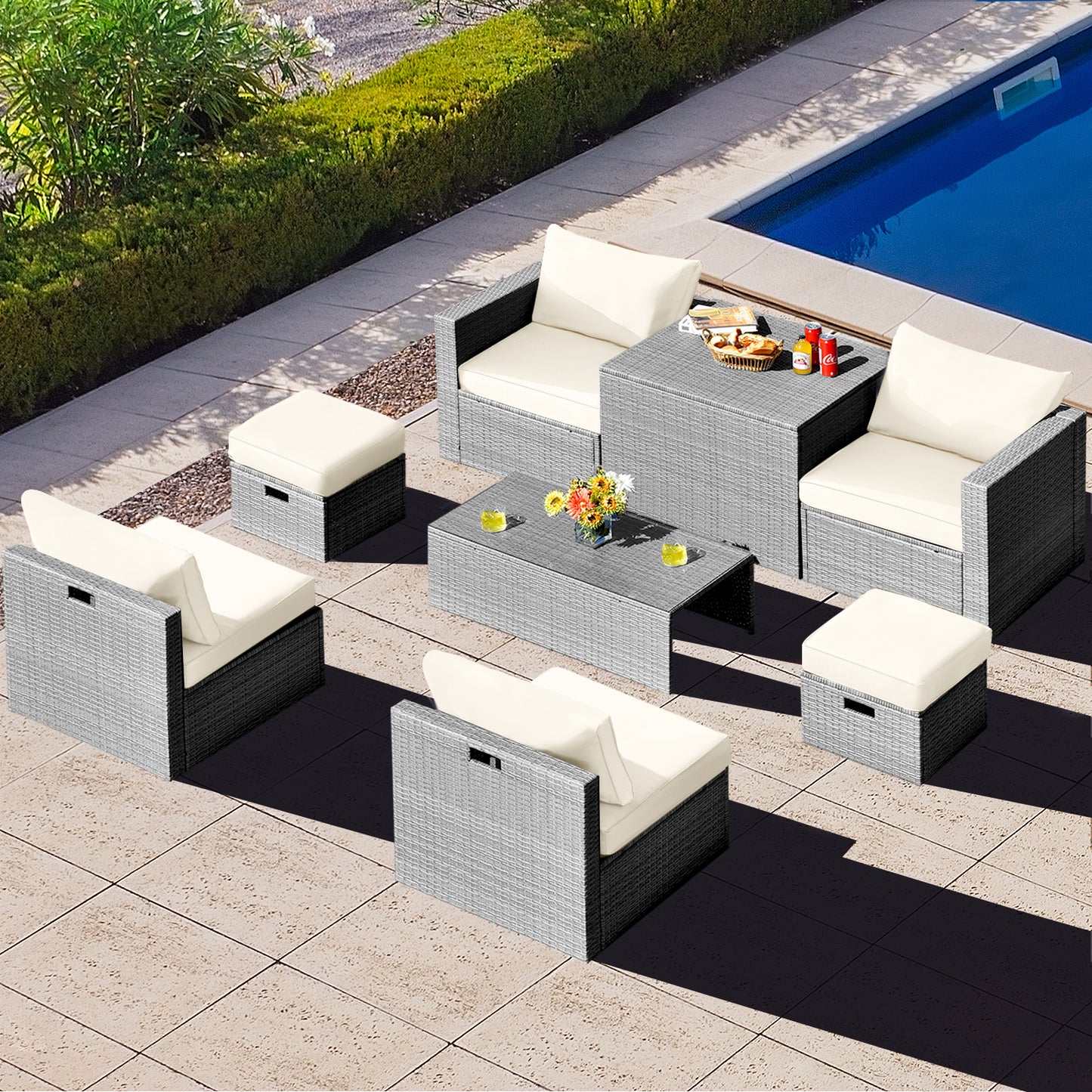 8-Piece Outdoor Grey PE Rattan Conversation Set with Washable Cushion Covers-White